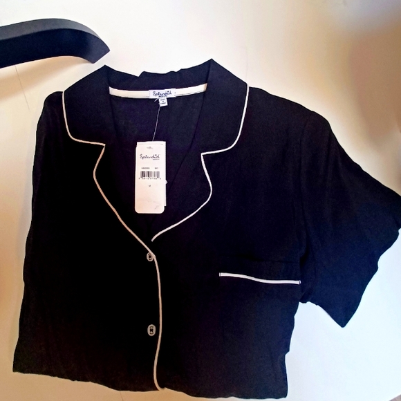 SPLENDID Boyfriend Short Sleeve Black Blouse - Picture 2 of 6